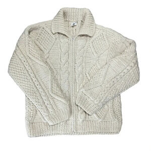 Vintage Ice Ame Full Zip Chunky Sweater Cardigan Ivory Hand Knit Size Large